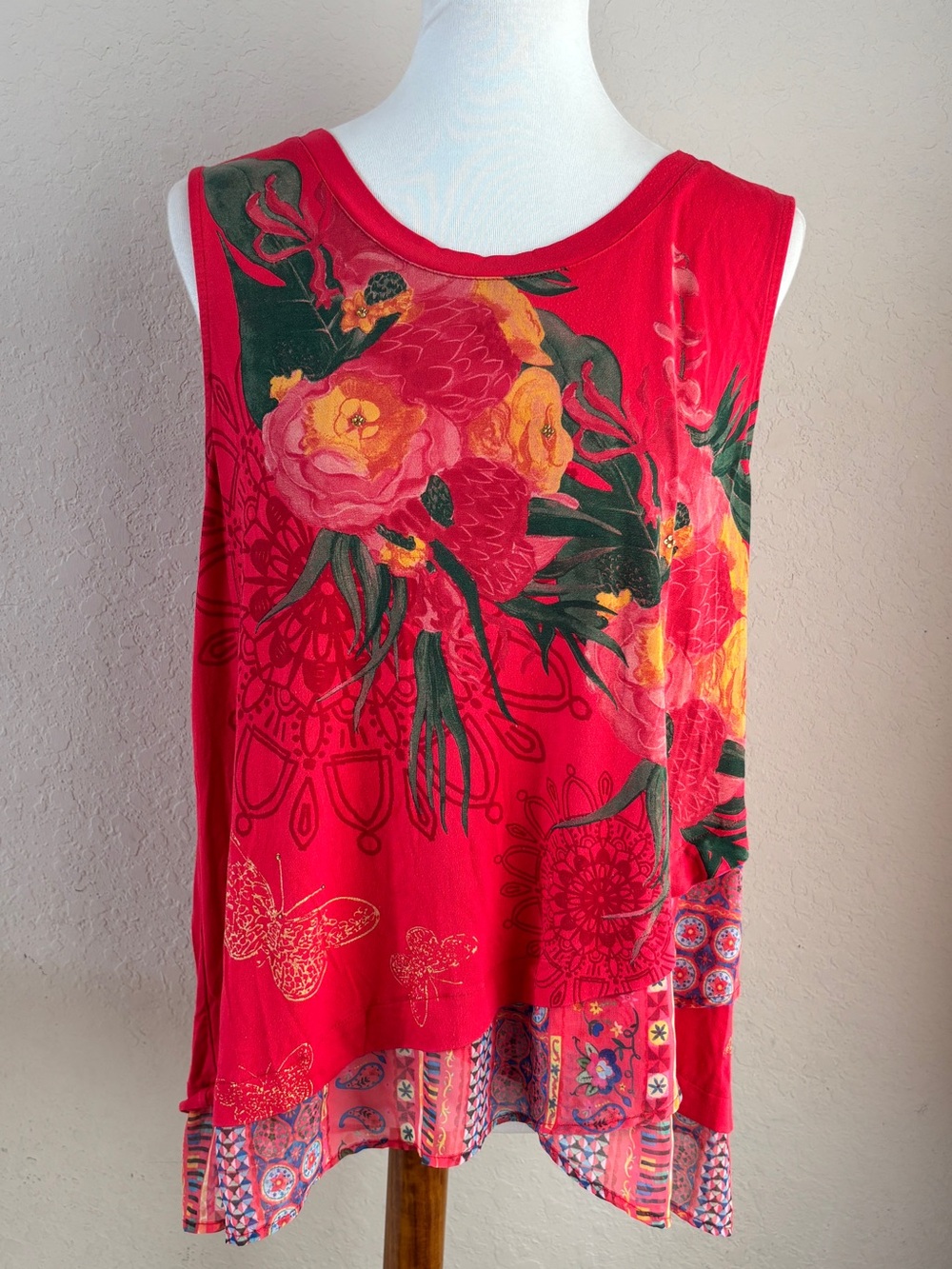 Desigual Floral-Print Sleeveless Red Boho asymmetrical Tunic Top Indie Size XL